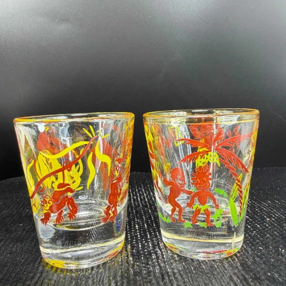 1950s Tiki Shot Glass Set 2 Bottoms Up Heres Looking At You Gold Rim Tropical - Picture 9 of 12